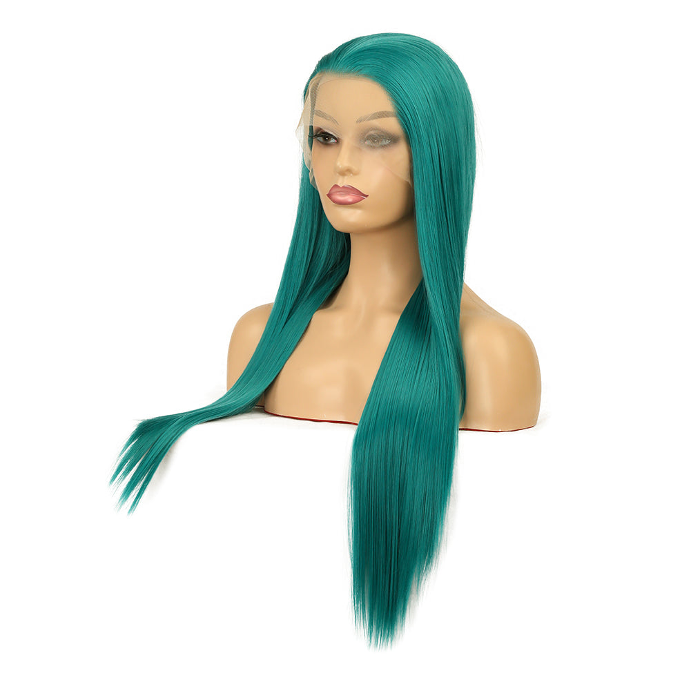 Green Wig Natural Realistic Hand Groove Chemical Fiber Front Lace Long Straight Hair Matte High Temperature Silk Wig Headgear